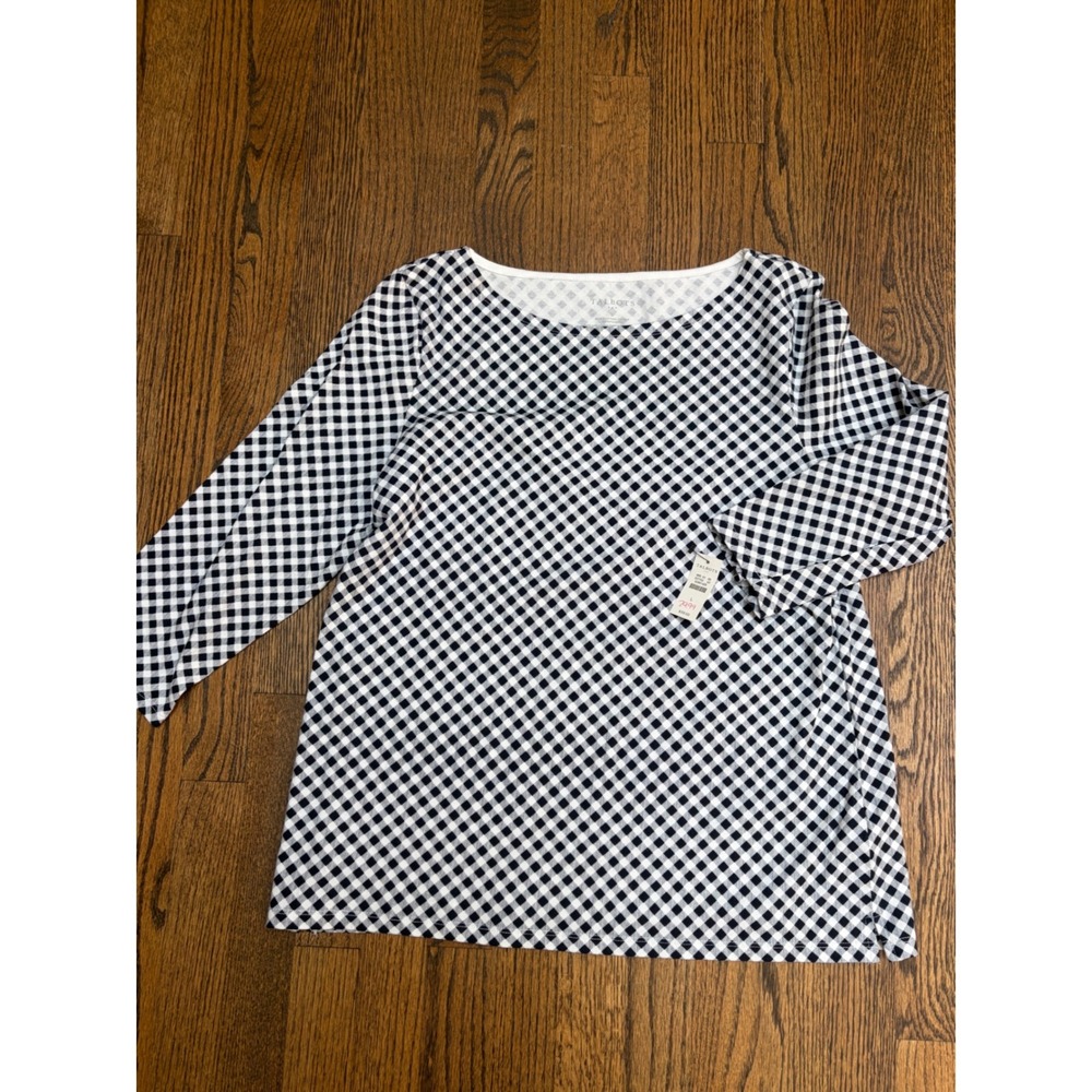 Talbots Boatneck Top Women Large Navy White New Gingham 3/4 Sleeve Cotton Blend